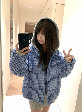 JMJ 自制美式复古立领格纹棉服男女宽松可拆卸马甲保暖百搭外套