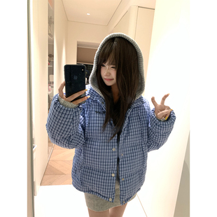 JMJ 复古立领格纹棉服男女宽松可拆卸马甲保暖百搭外套 自制美式