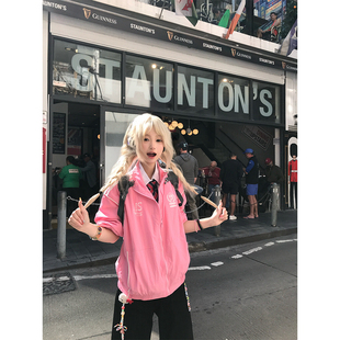 JMJ 侧边三条杠字母印花立领夹克男女春夏宽松百搭运动外套 美式