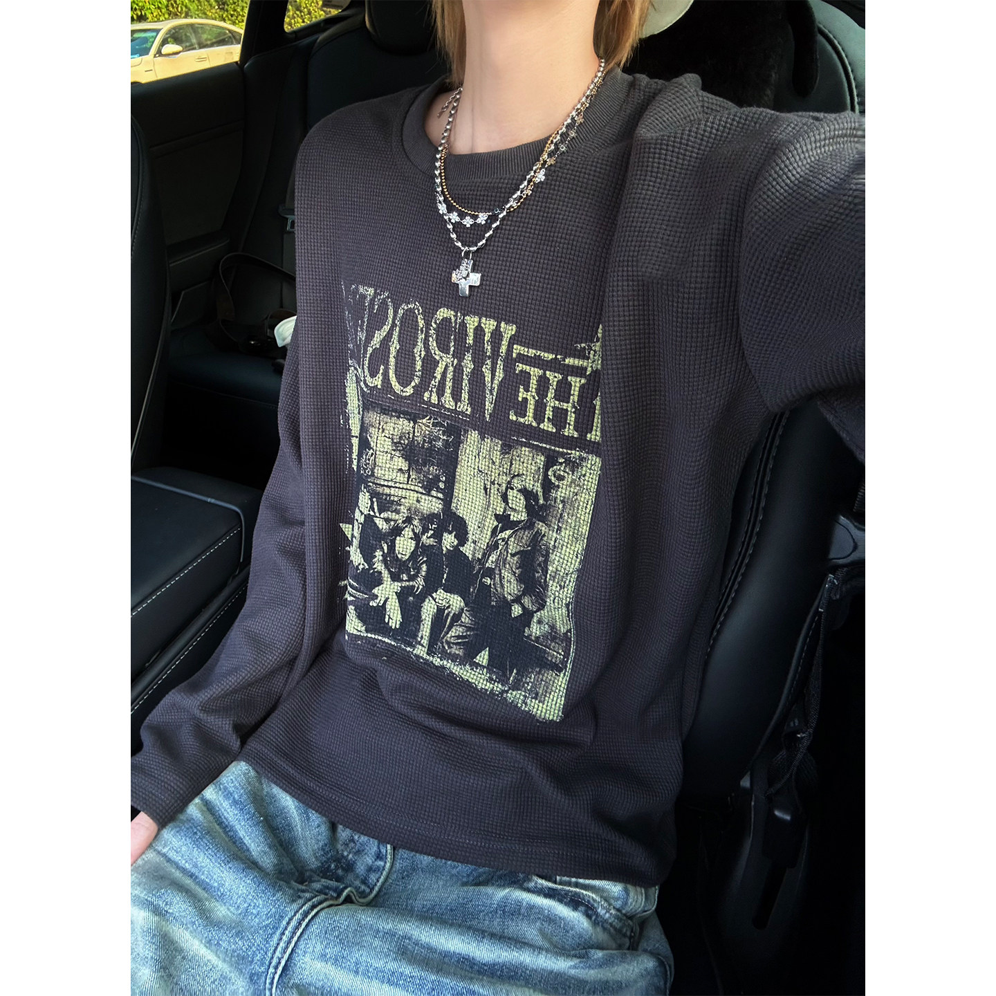 JMJ 美式复古人像印花华夫格长袖T恤男女春秋宽松百搭套头打底衫