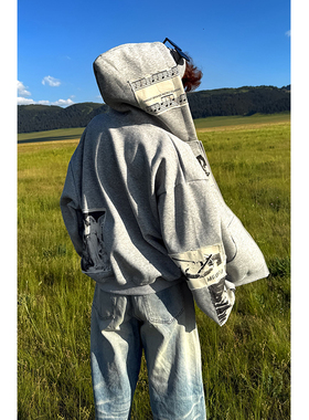 JMJ 美式复古贴布人像印花连帽开衫卫衣男女春秋宽松休闲百搭外套