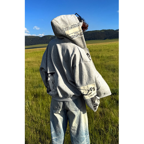 JMJ 美式复古贴布人像印花连帽开衫卫衣男女春秋宽松休闲百搭外套