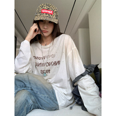 JMJ 上衣 T恤春夏男女宽松休闲慵懒薄款 美式 做旧字母印花圆领长袖