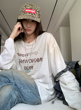 JMJ 美式做旧字母印花圆领长袖T恤春夏男女宽松休闲慵懒薄款上衣