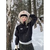 复古三条杠字母刺绣立领冲锋夹克外套男女宽松休闲开衫 JMJ 美式