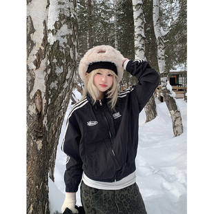 复古三条杠字母刺绣立领冲锋夹克外套男女宽松休闲开衫 JMJ 美式