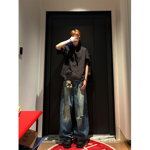 JMJ 美式设计感格子系带领长袖衬衫男女夏季宽松休闲百搭衬衣