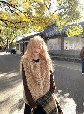 JMJ 美式设计感毛绒开衫无袖棉马甲男女秋冬休闲百搭潮流叠穿外套