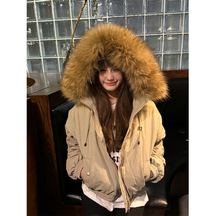 短款 复古设计感大毛领连帽棉服女冬季 加厚宽松棉衣潮 秋冬美式 JMJ