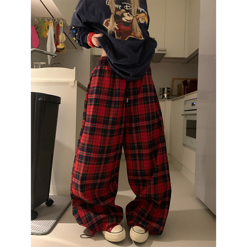 JMJ 美式复古撞色格子抽绳松紧腰阔腿裤男女宽松休闲直筒长裤,男装,休闲裤,淘宝优惠券,粉丝福利购,淘宝优惠卷