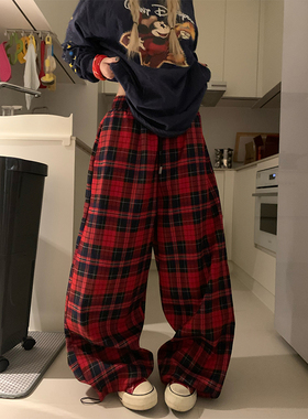 JMJ 美式复古撞色格子抽绳松紧腰阔腿裤男女宽松休闲直筒长裤