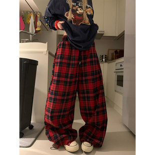 男女宽松休闲直筒长裤 复古撞色格子抽绳松紧腰阔腿裤 美式 JMJ