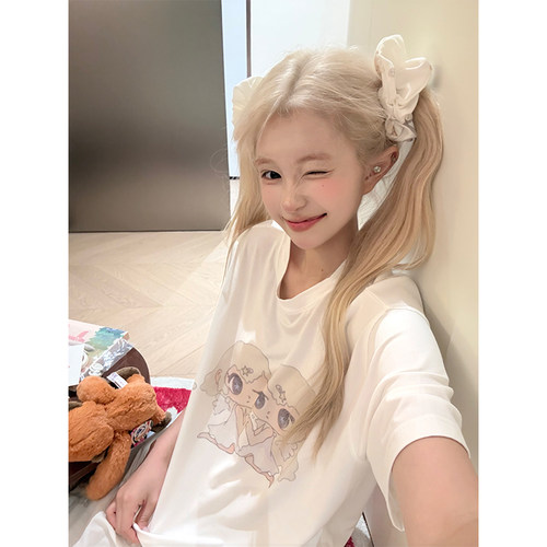 JMJ 美式趣味卡通小人印花短袖T恤男女夏季宽松休闲百搭打底上衣
