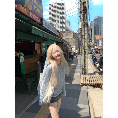 JMJ 美式慵懒风条纹长袖T恤女夏季宽松休闲百搭薄款防晒打底罩衫