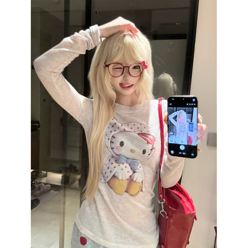 JMJ 美式卡通kt猫印花圆领长袖T恤女宽松休闲春秋百搭打底上衣