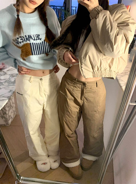 JMJ 2024冬季羊羔毛拼接羽绒裤男女宽松休闲防寒阔腿保暖长裤