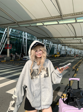 JMJ 美式复古贴布人像印花连帽开衫卫衣男女春秋宽松休闲百搭外套