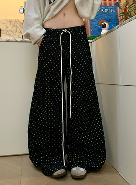 JMJ 美式抽绳波点满印阔腿休闲裤男女通勤百搭宽松直筒拖地长裤