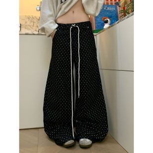 男女通勤百搭宽松直筒拖地长裤 抽绳波点满印阔腿休闲裤 美式 JMJ