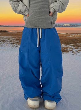 JMJ 美式设计感做旧印花抽绳褶皱加绒伞兵裤男女宽松直筒阔腿长裤