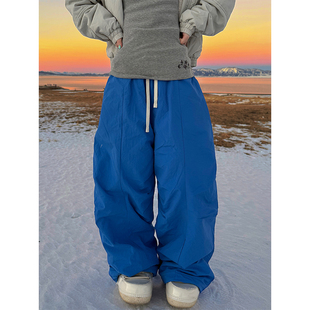 男女宽松直筒阔腿长裤 设计感做旧印花抽绳褶皱加绒伞兵裤 美式 JMJ