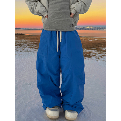 JMJ 美式设计感做旧印花抽绳褶皱加绒伞兵裤男女宽松直筒阔腿长裤