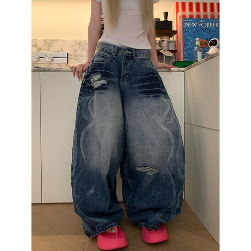 JMJ 美式复古水洗破洞弯刀阔腿牛仔裤男女宽松休闲百搭潮流拖地裤