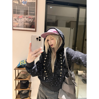 JMJ 美式设计感碎花满印纽扣麻绳连帽开衫卫衣男女春秋百搭帽衫