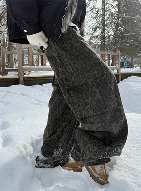 JMJ 美式复古大口袋街头豹纹阔腿工装裤男女宽松休闲百搭直筒长裤