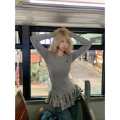 JMJ美式 T恤女秋冬休闲显瘦叠穿百搭打底衫 复古波点木耳边修身 长袖