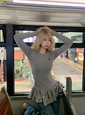 JMJ美式复古波点木耳边修身长袖T恤女秋冬休闲显瘦叠穿百搭打底衫