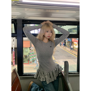 T恤女秋冬休闲显瘦叠穿百搭打底衫 长袖 复古波点木耳边修身 JMJ美式