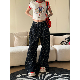 男女宽松百搭休闲ins长裤 复古波点满印直筒阔腿裤 美式 JMJ2025春季