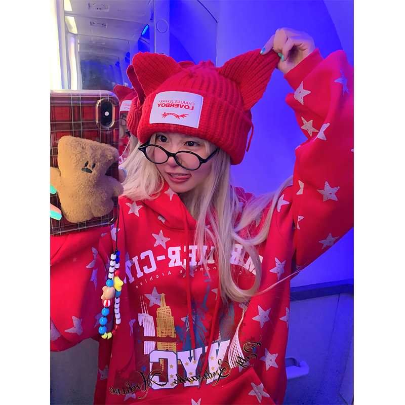 JMJ 美式复古做旧星星城市印花连帽加绒卫衣男女宽松百搭街头上衣