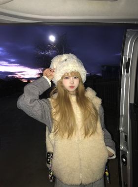 JMJ 韩系慵懒风羊羔毛皮毛一体连帽棉衣男女冬季保暖毛绒棉马甲