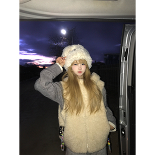 JMJ 保暖毛绒棉马甲 韩系慵懒风羊羔毛皮毛一体连帽棉衣男女冬季