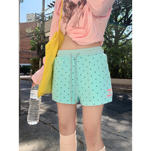 宽松休闲百搭短裤 JMJ 女辣妹夏季 复古波点抽绳松紧腰三分裤 美式