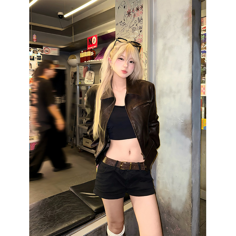 JMJ 美式街头解构pu皮翻领皮衣夹克男女春秋设计感痞帅短款外套