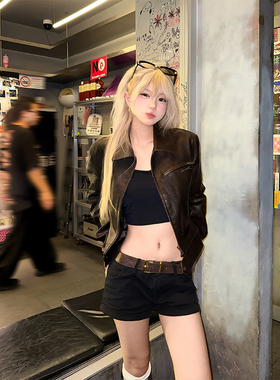 JMJ 美式街头解构pu皮翻领皮衣夹克男女春秋设计感痞帅短款外套