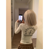 JMJ T恤女辣妹纯欲V领显瘦运动打底上衣 长袖 美式 设计感印花修身