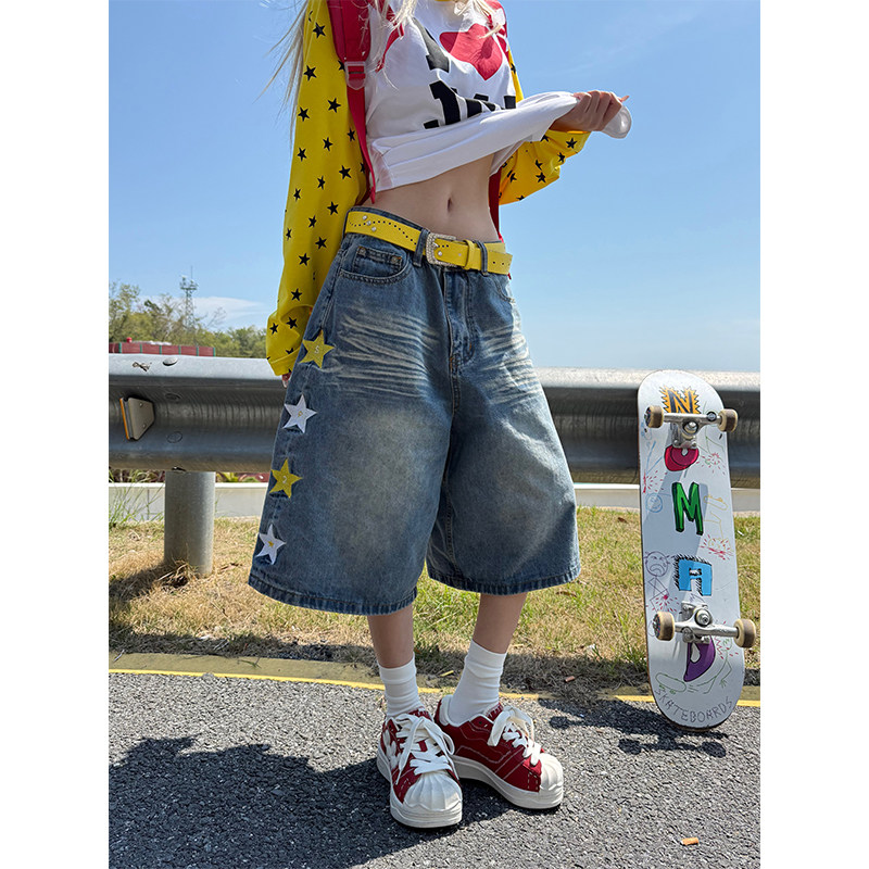 JMJ 美式复古星星刺绣牛仔七分裤男女宽松休闲百搭直筒阔腿长裤