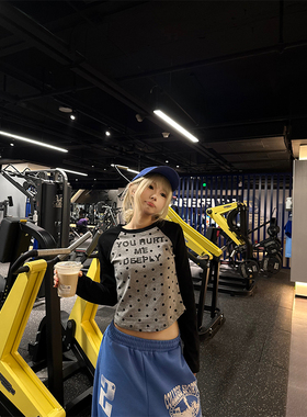 JMJ 美式字母波点印花拼色插肩长袖T恤女春夏休闲百搭短款打底衫