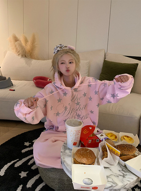 JMJ 美式设计感星星字母印花连帽卫衣男女宽松休闲慵懒套头外套