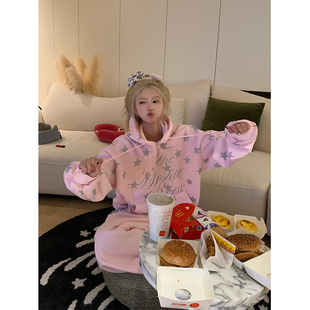 JMJ 设计感星星字母印花连帽卫衣男女宽松休闲慵懒套头外套 美式