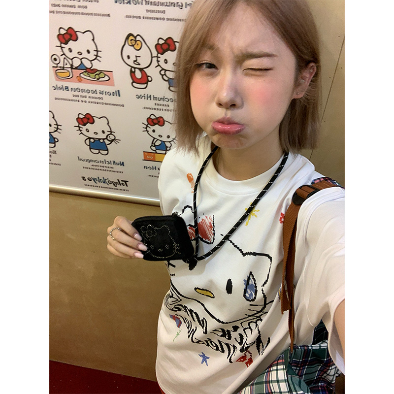 JMJ夏季美式手绘凯蒂猫字母印花短袖T恤男女宽松休闲百搭打底上衣