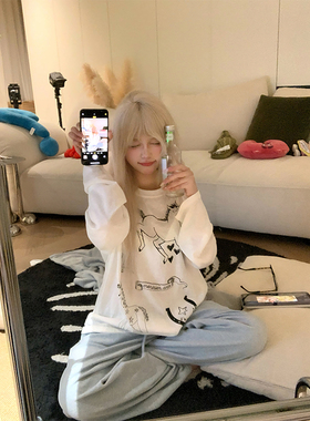 JMJ 美式复古设计感小马印花长袖T恤男女宽松休闲百搭打底上衣