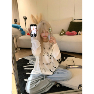 T恤男女宽松休闲百搭打底上衣 复古设计感小马印花长袖 JMJ 美式