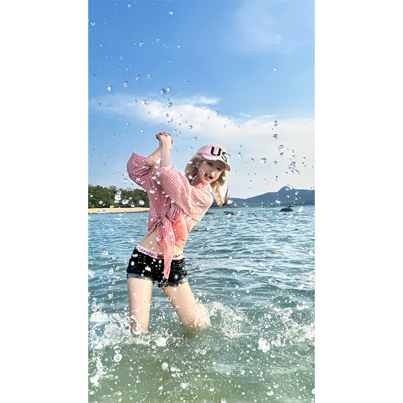 JMJ美式复古撞色格子薄款纽扣设计衬衫女春夏宽松休闲百搭上衣