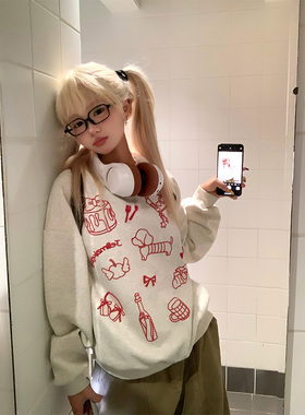 JMJ 美式设计感印花圆领长袖卫衣男女春秋宽松慵懒百搭套头上衣