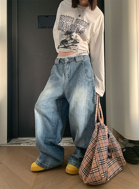 JMJ 2025美式水洗做旧弯刀牛仔裤男女宽松小众设计感阔腿休闲长裤